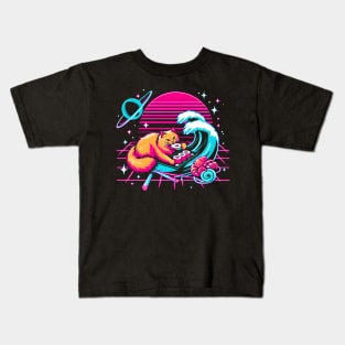 CUTE CAT EATING SUSHI WAVE JAPANESE 80'S VIBE Kids T-Shirt